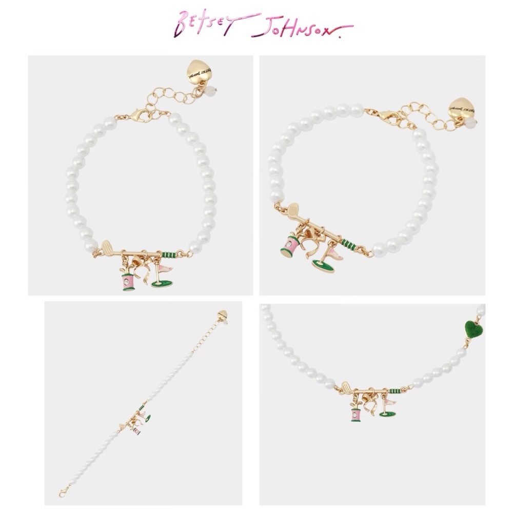 NWT Betsey Johnson 💋GOLF FRONTAL Gold Tone Glass Crystals/ Faux Pearl Bracelet - Picture 3 of 8